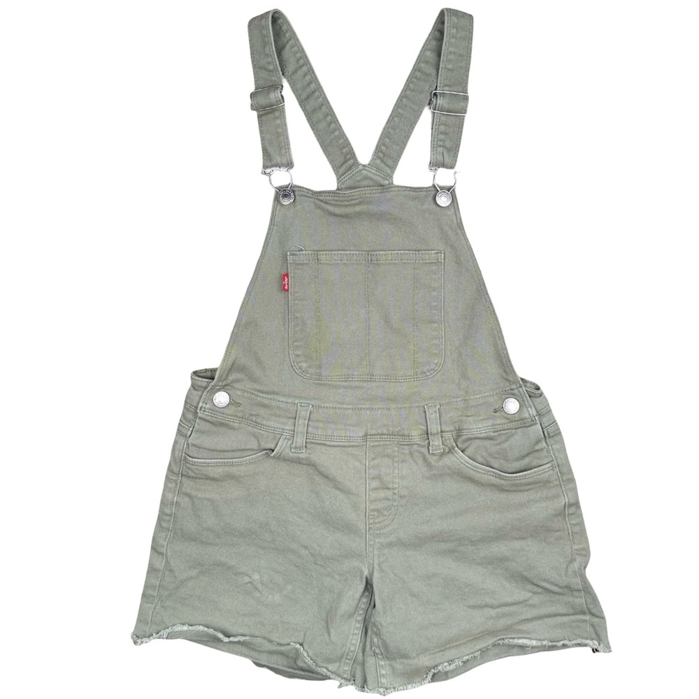 Levis Girls Olive Green Denim Shortalls Size 14 Regular Raw Hem Stretch